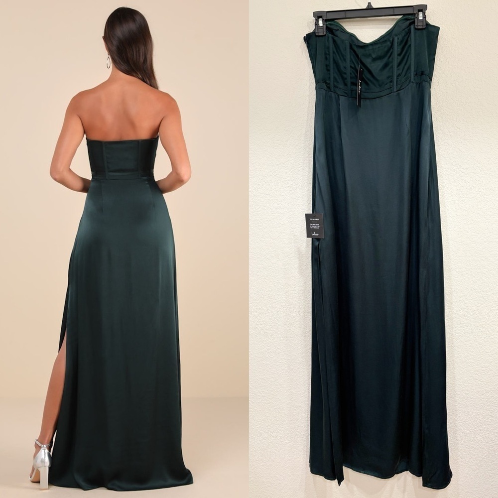 NWT Lulus Extraordinary Presence Dark Green Satin Strapless Maxi Dress - Picture 5 of 10